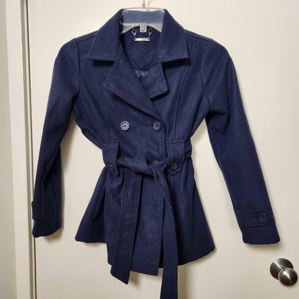 JOU JOU Girl's Double Breasted Fleece Trench‎ Coat Navy Blue Size Medium Church